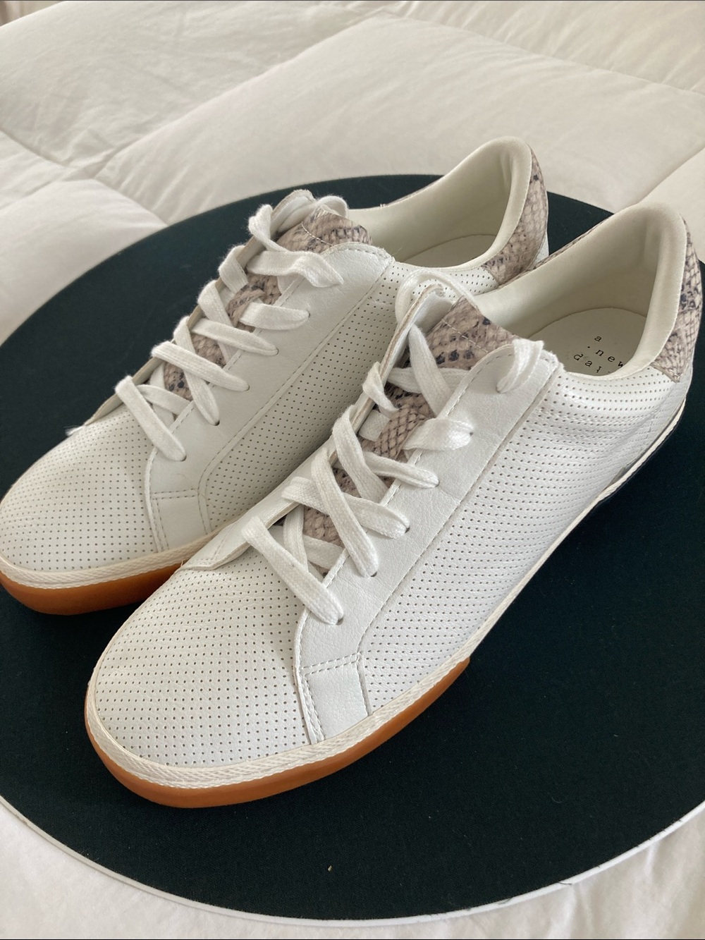 a new day White Perforated Sneakers with Gum Sole and Snakeskin Trim